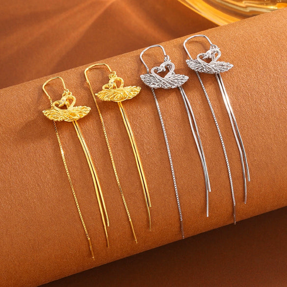 S925 Sterling Silver Brushed Double Swan Long Tassel Earrings Light Luxury Animal Design Fashion Earrings