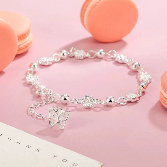 S990 Sterling Silver Butterfly And Peach Blossom Bracelet With Floral Design For Women Light Luxury Exquisite Crafted Jewelry