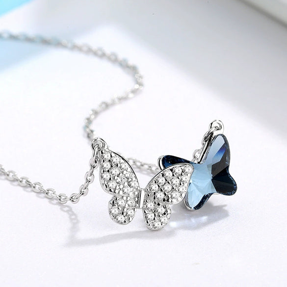 S925 Sterling Silver Butterfly Pendant Necklace With Crystal Inlay Electroplated Cross Chain Elegant Simple Clavicle Necklace For Women
