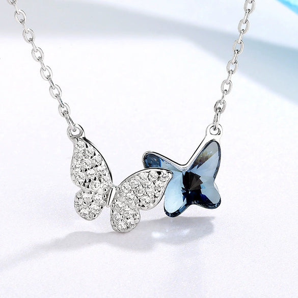 S925 Sterling Silver Butterfly Pendant Necklace With Crystal Inlay Electroplated Cross Chain Elegant Simple Clavicle Necklace For Women