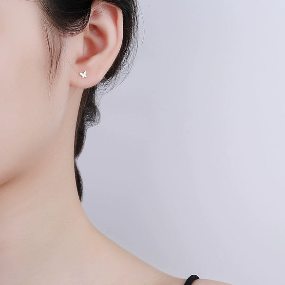 S925 Sterling Silver Butterfly Stud Earrings For Women Sweet Minimalist Polished Small Earrings
