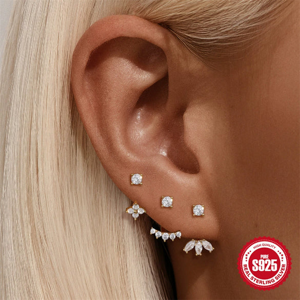 S925 Sterling Silver C Shaped Adjustable Jacket Earrings With Single Row Diamond Electroplated Simple Geometric Style