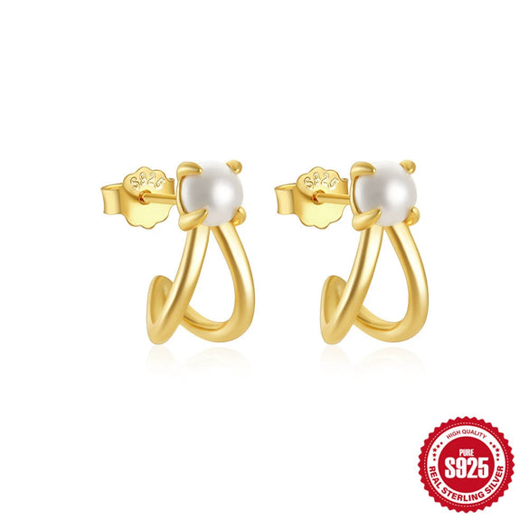 S925 Sterling Silver C Shaped Hollow Pearl Double Layer Ring Row Diamond Earrings With Electroplating For Women Geometric Style