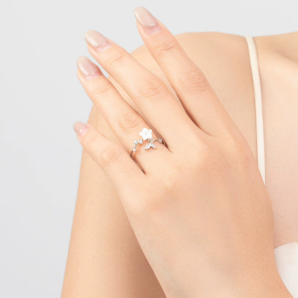 S925 Sterling Silver Camellia Shell Inlay Opening Ring For Women