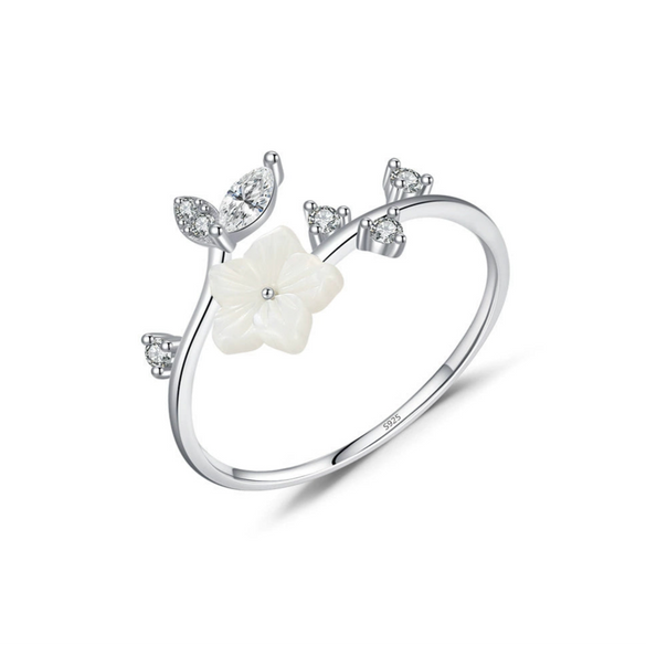 S925 Sterling Silver Camellia Shell Inlay Opening Ring For Women
