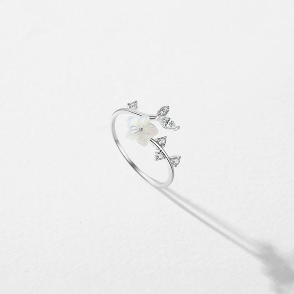 S925 Sterling Silver Camellia Shell Inlay Opening Ring For Women