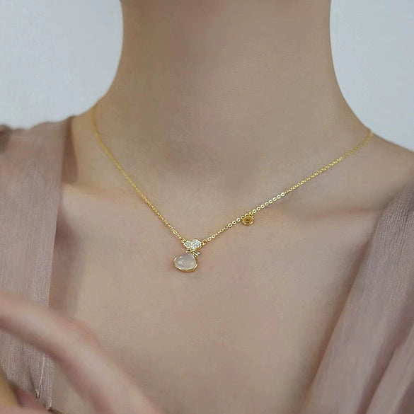 S925 Sterling Silver Chalcedony Pocket Pendant Necklace For Women Retro Geometric Electroplated Clavicle Chain Light Luxury Jewelry