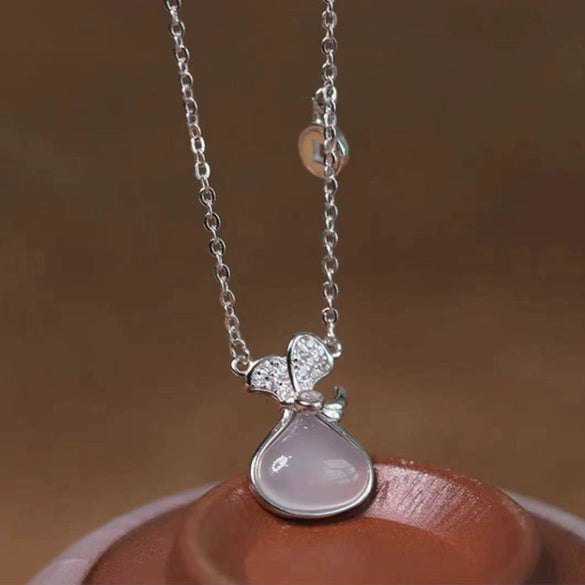 S925 Sterling Silver Chalcedony Pocket Pendant Necklace For Women Retro Geometric Electroplated Clavicle Chain Light Luxury Jewelry