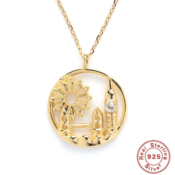 S925 Sterling Silver City Architecture Pendant Women's Collarbone Necklace With Geometric Design And Electroplating