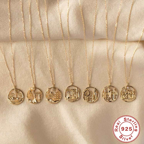 S925 Sterling Silver City Architecture Pendant Women's Collarbone Necklace With Geometric Design And Electroplating