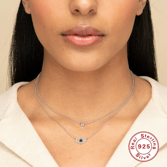 S925 Sterling Silver Classic Blue Eyes Diamond Devil's Eye Pendant Clavicle Necklace With Geometric Design And Environmental Protection Electroplating