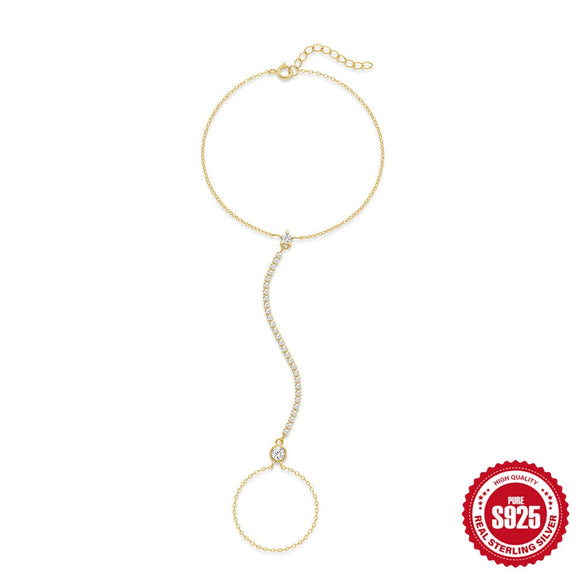 S925 Sterling Silver Claw Set Tassel Chain Geometric Ring Bracelet With Electroplating And Real Gold Plating