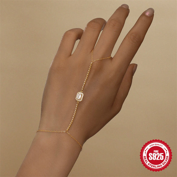 S925 Sterling Silver Clawset Tassel Chain Rectangular Geometric Pattern Electroplated Gold Plated Women's Bracelet Ring Chain