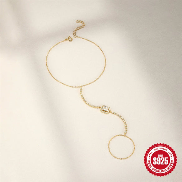 S925 Sterling Silver Clawset Tassel Chain Rectangular Geometric Pattern Electroplated Gold Plated Women's Bracelet Ring Chain