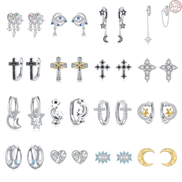 S925 Sterling Silver Cross And Heart Shape Electroplated Women's Earrings