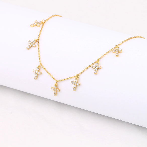 S925 Sterling Silver Cross Style Clavicle Chain With Inlaid Zircon For Women