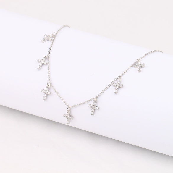 S925 Sterling Silver Cross Style Clavicle Chain With Inlaid Zircon For Women