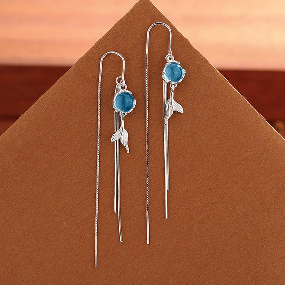 S925 Sterling Silver Crystal Tassel Drop Earrings For Women Elegant Animal Fishtail Ear Line Design