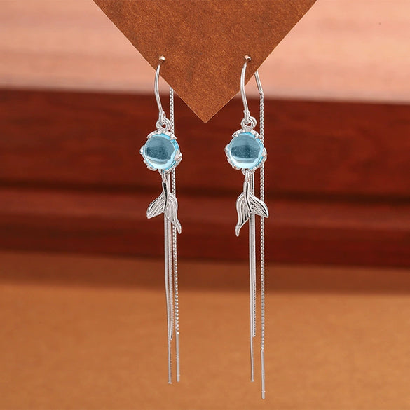 S925 Sterling Silver Crystal Tassel Drop Earrings For Women Elegant Animal Fishtail Ear Line Design