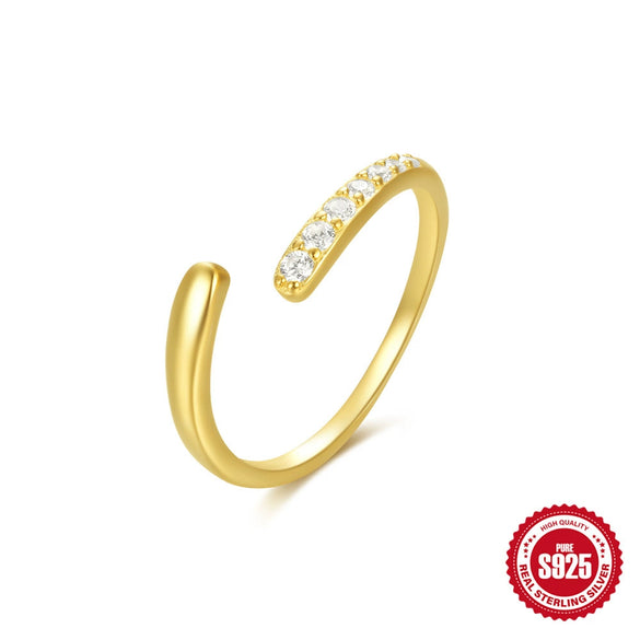 S925 Sterling Silver Curved Petal Single Row Diamondencrusted Luxury Stacked Open Ring With Real Gold Electroplating And Geometric Design For Women