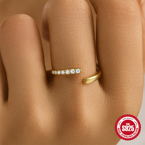 S925 Sterling Silver Curved Petal Single Row Diamondencrusted Luxury Stacked Open Ring With Real Gold Electroplating And Geometric Design For Women