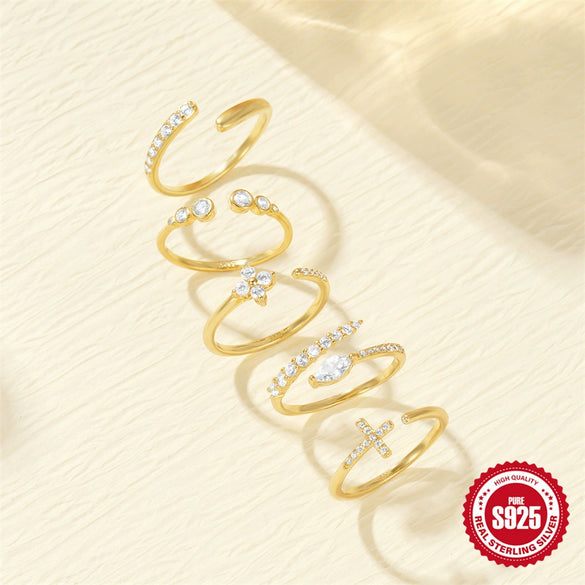 S925 Sterling Silver Curved Petal Single Row Diamondencrusted Luxury Stacked Open Ring With Real Gold Electroplating And Geometric Design For Women