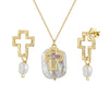 S925 Sterling Silver Cut Out Cross Natural Pearl Pendant Ear Necklace Jewelry Electroplated Women's