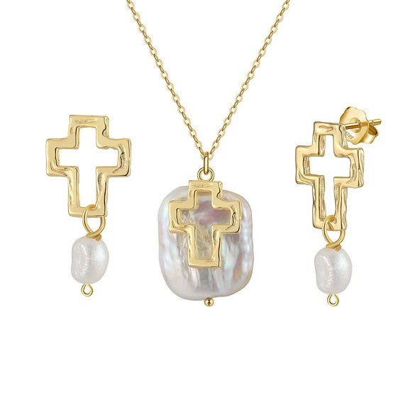 S925 Sterling Silver Cut Out Cross Natural Pearl Pendant Ear Necklace Jewelry Electroplated Women's