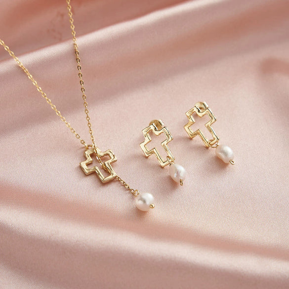 S925 Sterling Silver Cut Out Cross Natural Pearl Pendant Ear Necklace Jewelry Electroplated Women's