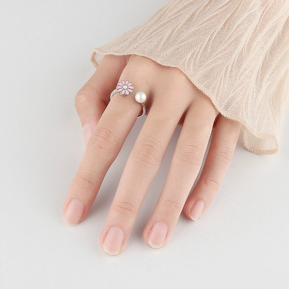 S925 Sterling Silver Daisy Flower Rotating Ring With Pearl Electroplated Floral Adjustable Ring For Women