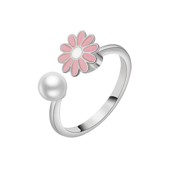 S925 Sterling Silver Daisy Flower Rotating Ring With Pearl Electroplated Floral Adjustable Ring For Women