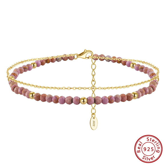 S925 Sterling Silver Double Chain Geometric Pattern Flash O Chain Anklet For Women With Gold Beads And Purple Mica
