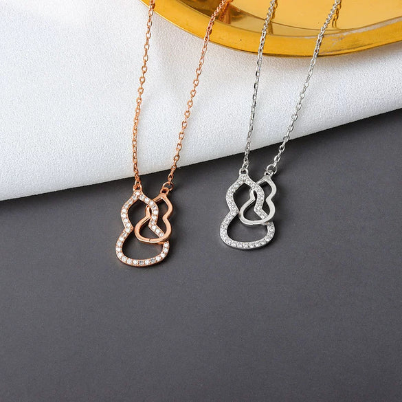 S925 Sterling Silver Double Gourd Necklace For Women Hollow Gem Inlaid Pendant Cross Chain Clavicle Jewelry