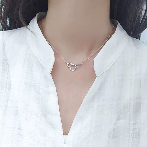 S925 Sterling Silver Double Gourd Necklace For Women Hollow Gem Inlaid Pendant Cross Chain Clavicle Jewelry
