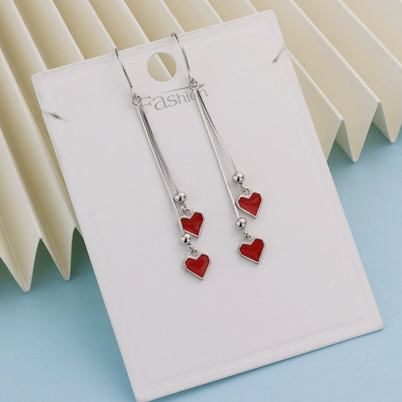 S925 Sterling Silver Double Heart Drop Earrings For Women Elegant Long Tassel Red Heart Dangle Earrings