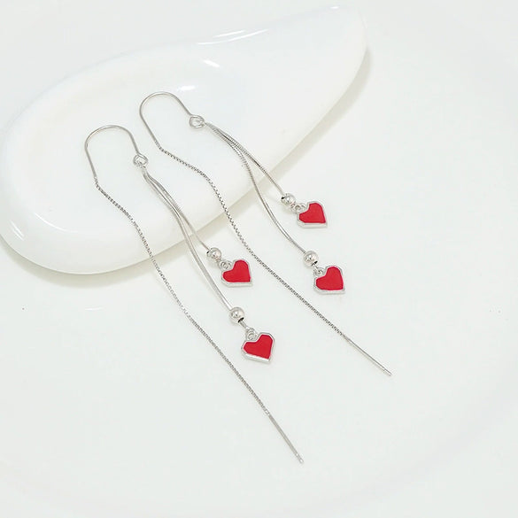 S925 Sterling Silver Double Heart Drop Earrings For Women Elegant Long Tassel Red Heart Dangle Earrings