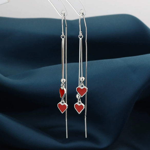 S925 Sterling Silver Double Heart Drop Earrings For Women Elegant Long Tassel Red Heart Dangle Earrings