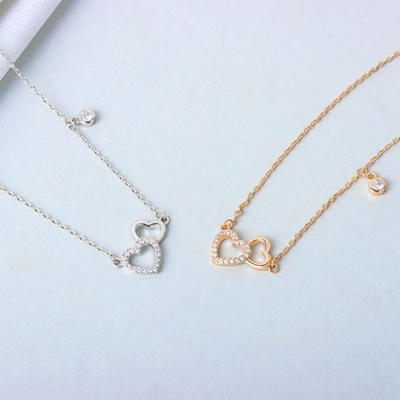 S925 Sterling Silver Double Heart Necklace For Women Electroplated Cross Chain Clavicle Pendant Light Luxury Minimalist Jewelry