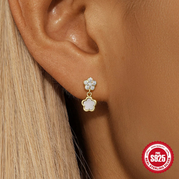 S925 Sterling Silver Double Layer Love Butterfly Pearl Petal Earrings For Women With Geometric Design And Electroplating