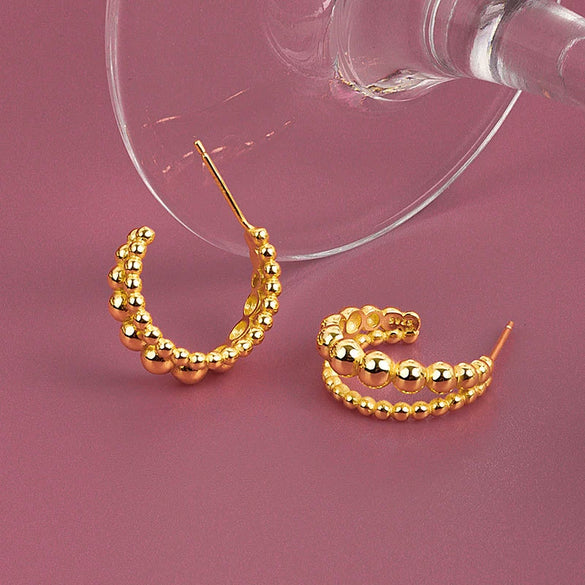 S925 Sterling Silver Double Row Round Bead Circle Stud Earrings For Female