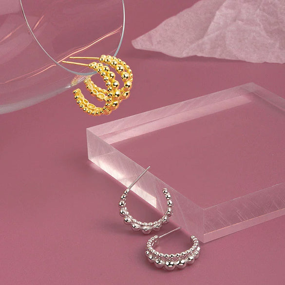 S925 Sterling Silver Double Row Round Bead Circle Stud Earrings For Female