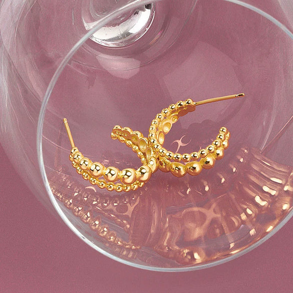 S925 Sterling Silver Double Row Round Bead Circle Stud Earrings For Female