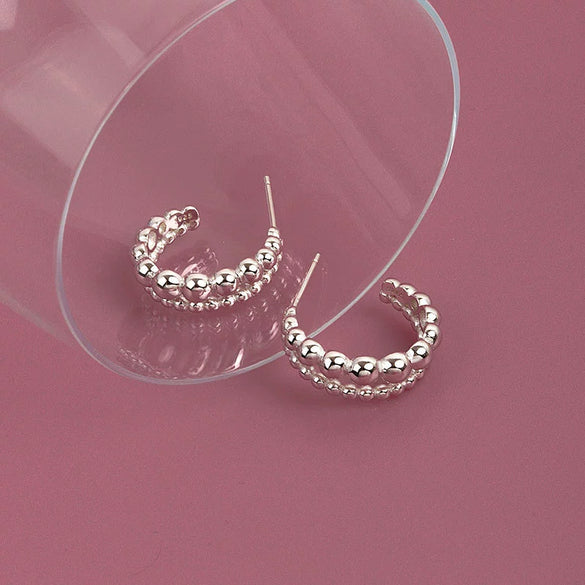 S925 Sterling Silver Double Row Round Bead Circle Stud Earrings For Female