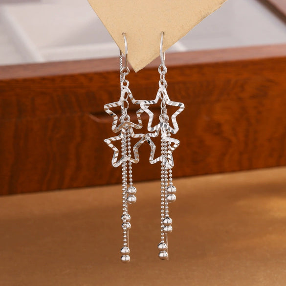 S925 Sterling Silver Double Star Tassel Drop Earrings For Women Light Luxury Fashion Long Dangle Earrings