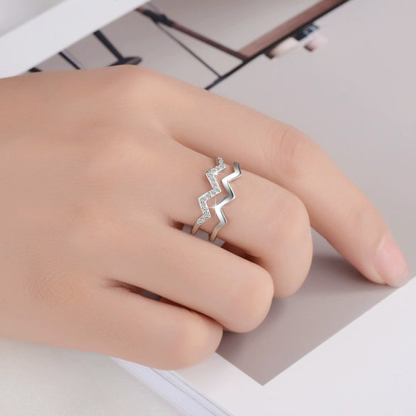S925 Sterling Silver Doublelayer Heart Lightning Wave Pattern Diamond Ring Women's Fashionable