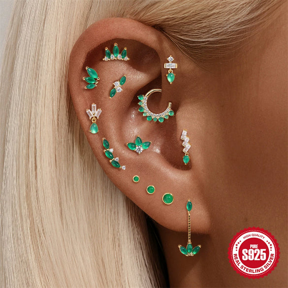 S925 Sterling Silver Doublelayered Geometric Ear Bone Nose Ring With Natural Green Chalcedony And Environmentally Friendly Electroplating For Unisex