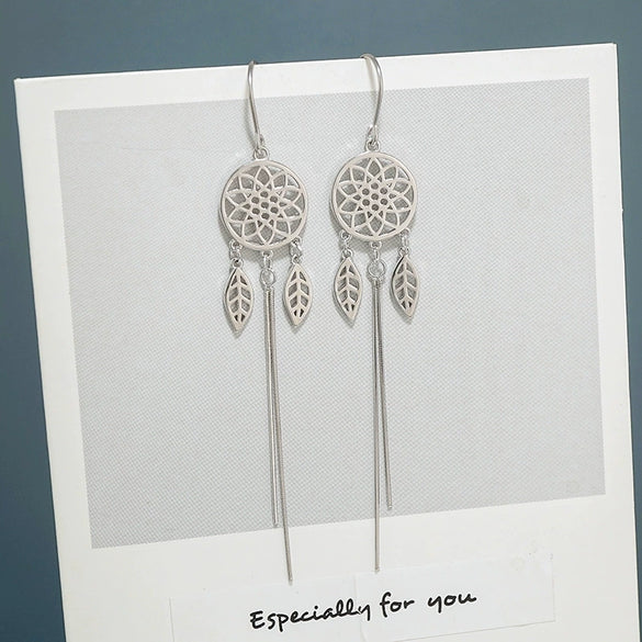 S925 Sterling Silver Dream Catcher Leaf Tassel Ear Chain Drop Earrings For Women Elegant Fashion Jewelry