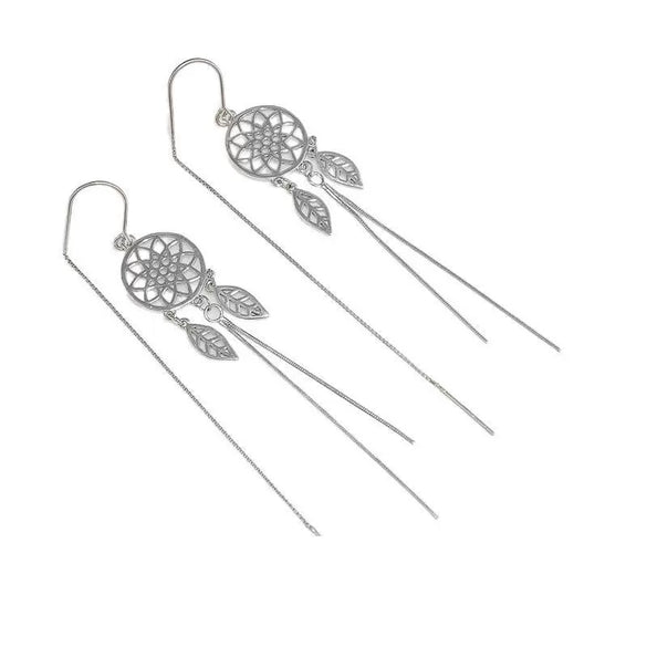 S925 Sterling Silver Dream Catcher Leaf Tassel Ear Chain Drop Earrings For Women Elegant Fashion Jewelry