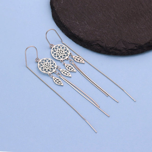 S925 Sterling Silver Dream Catcher Leaf Tassel Ear Chain Drop Earrings For Women Elegant Fashion Jewelry