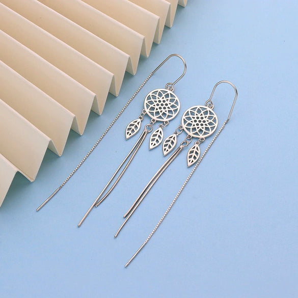 S925 Sterling Silver Dream Catcher Leaf Tassel Ear Chain Drop Earrings For Women Elegant Fashion Jewelry